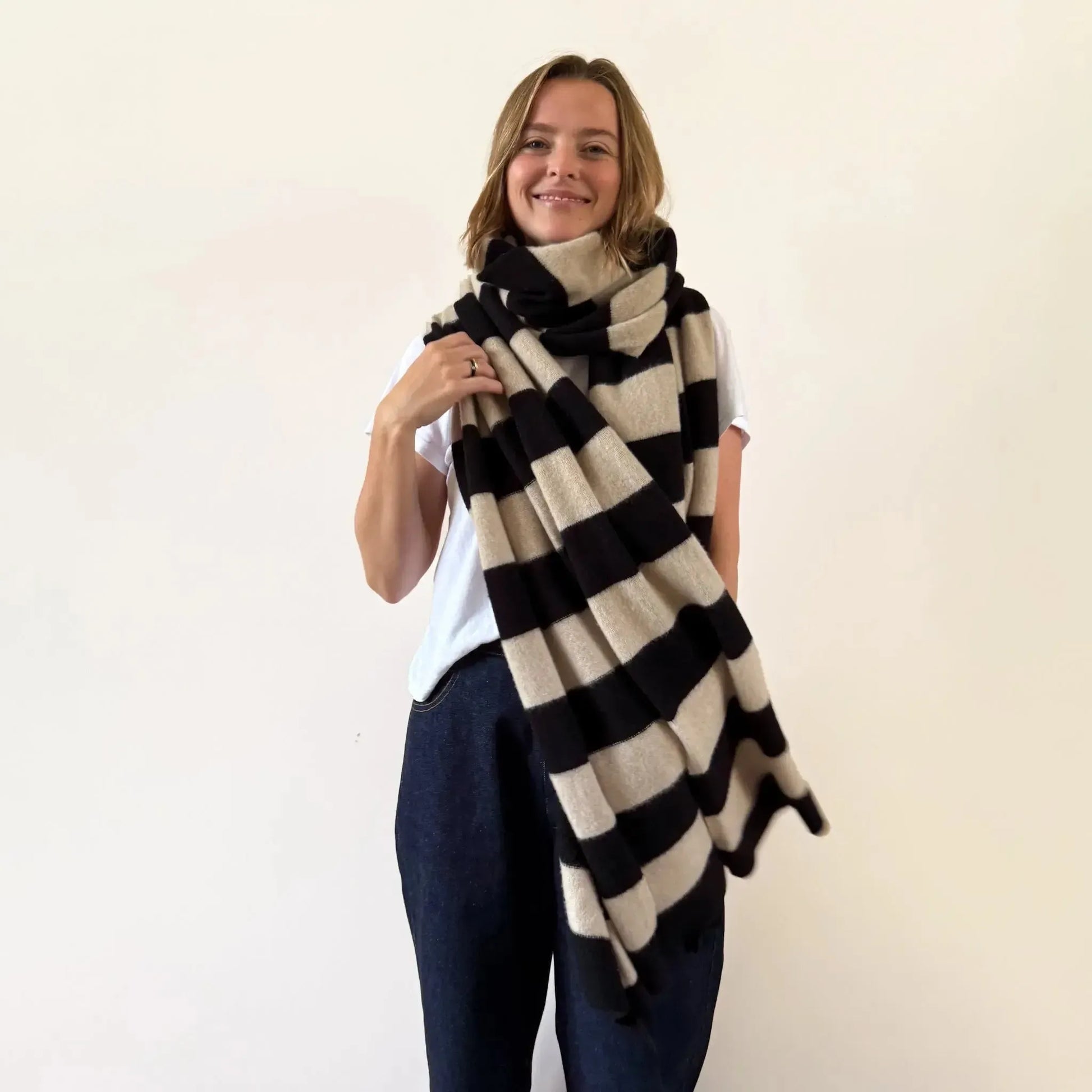 03 Mac Stripe Brushed Blanket Scarf Black & Oatmeal-Accessory-Jo Gordon-eugenienewport