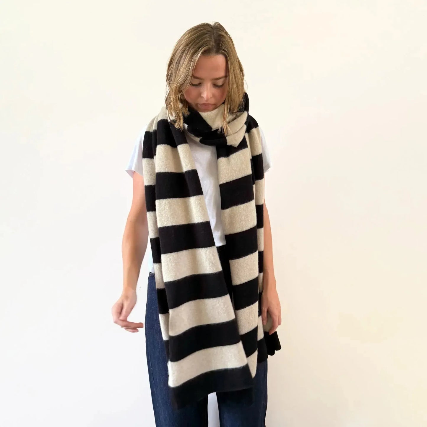 03 Mac Stripe Brushed Blanket Scarf Black & Oatmeal-Accessory-Jo Gordon-eugenienewport