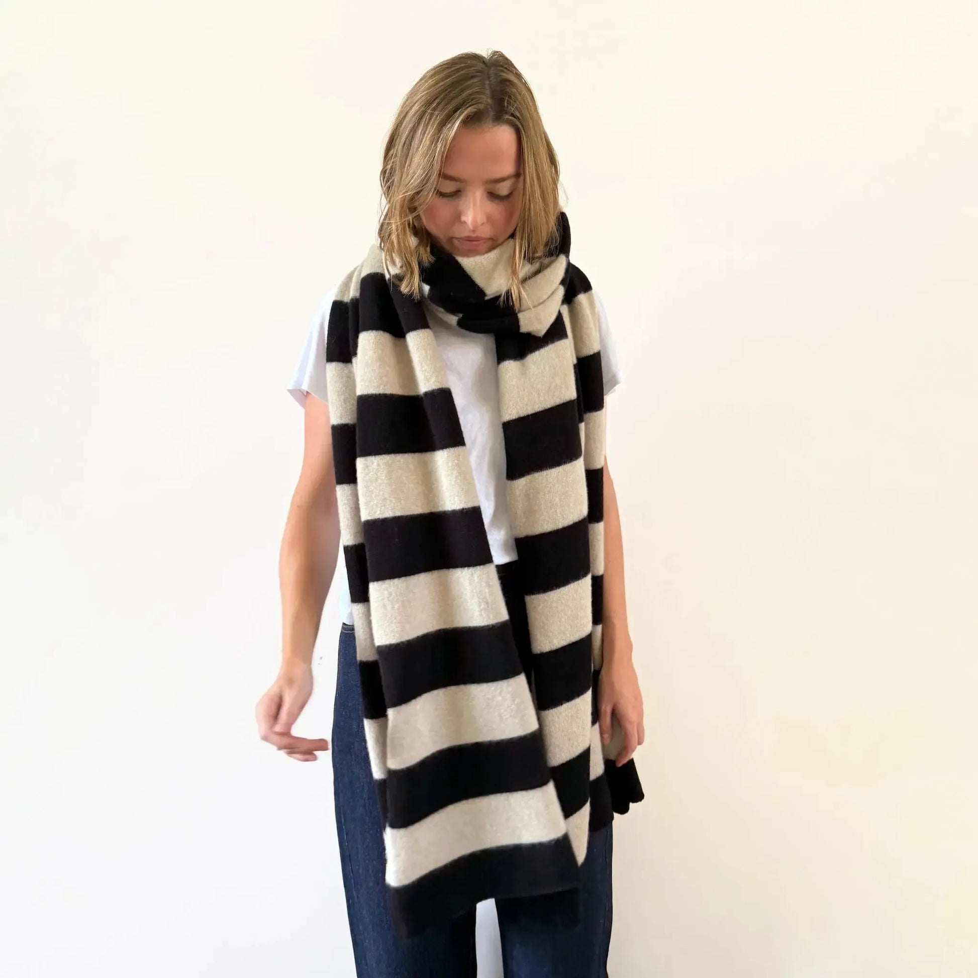 03 Mac Stripe Brushed Blanket Scarf Black & Oatmeal-Accessory-Jo Gordon-eugenienewport
