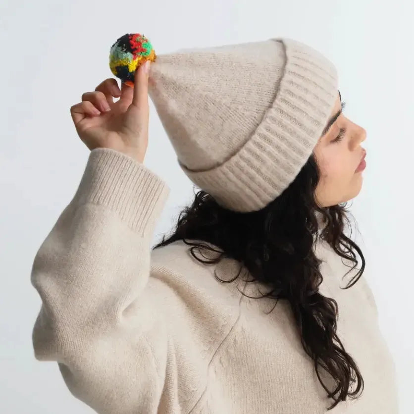 51 Mac Brushed Plain Hat Stripe Pompom in Oatmeal-Accessory-Jo Gordon-eugenienewport